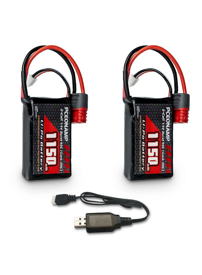 2S Lipo Battery 1150mAh 7.4V Burst 40C with T Plug High Capacity RC 7.4V Lipo Battery Fit for HBX, BEZGAR and Most 1/10, 1/12, 1/16, 1/18 Scale RC Car Truck with 1 USB Charger (2packs)